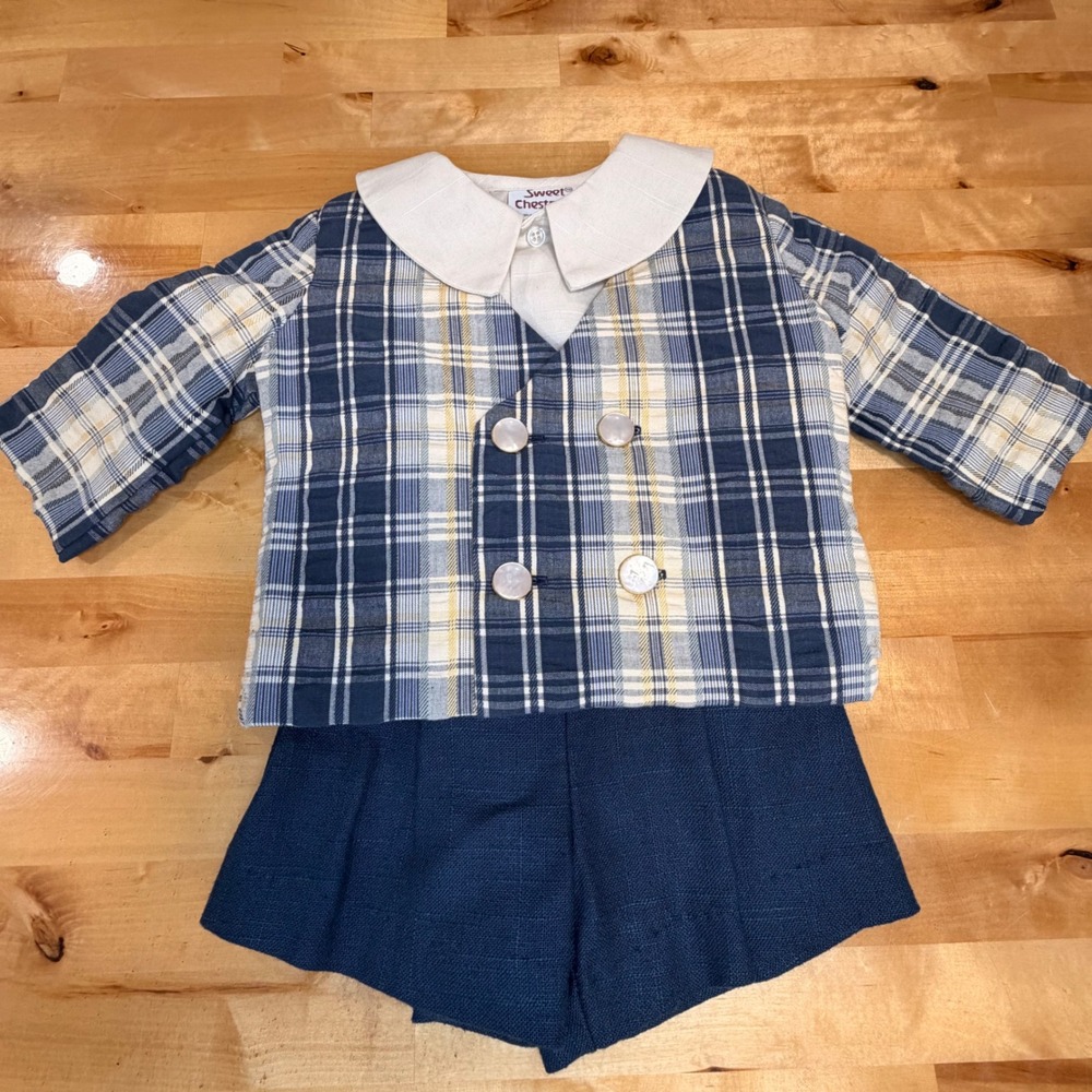 Sweet Chestnuts 3pc Set 12M Blue Plaid NWT Linen Jacket Shirt Shorts VINTAGE